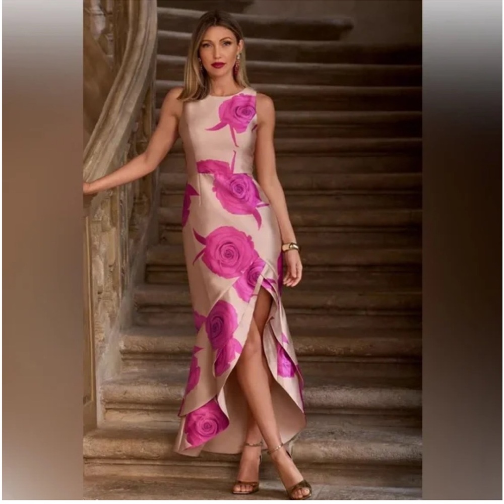 Boston Proper Exploded Rose Print High Neck Ruffle Gown